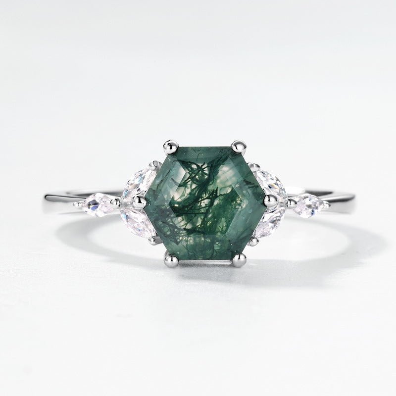 Hexagonal Natural Green Moss Agate Engagement Ring 925 Sterling Silver Wedding Birthday Gift