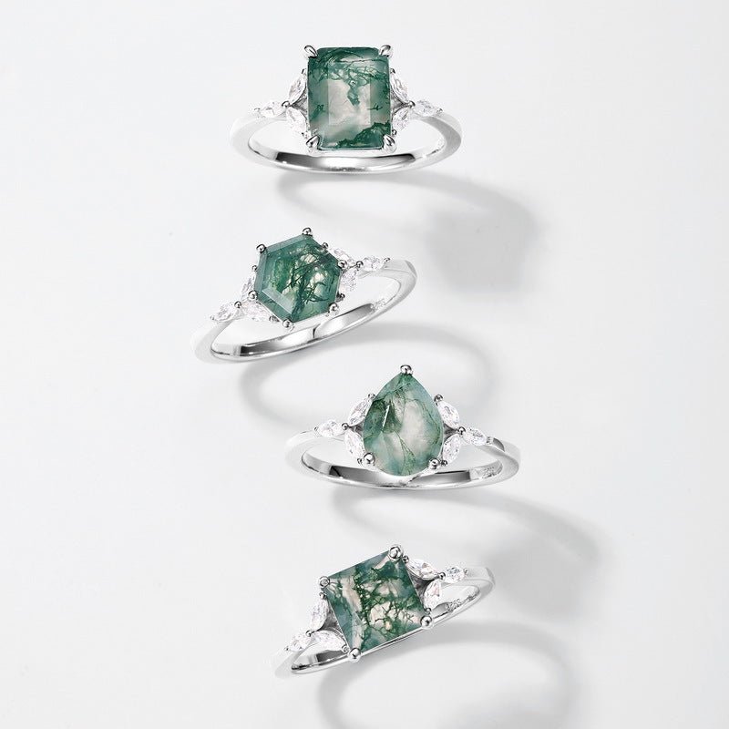 Hexagonal Natural Green Moss Agate Engagement Ring 925 Sterling Silver Wedding Birthday Gift