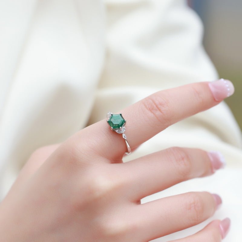 Hexagonal Natural Green Moss Agate Engagement Ring 925 Sterling Silver Wedding Birthday Gift