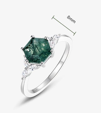 Hexagonal Natural Green Moss Agate Engagement Ring 925 Sterling Silver Wedding Birthday Gift