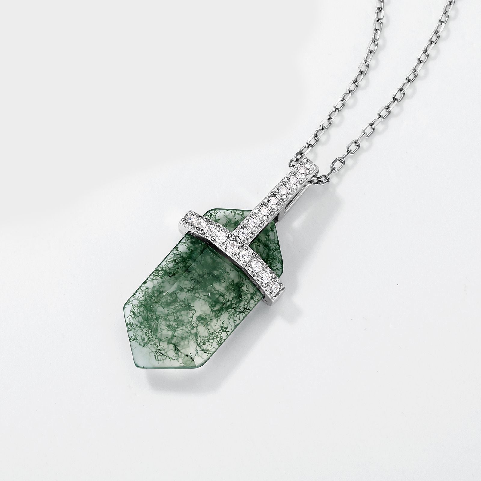 Hexagonal Natural Moss Agate Pendant Necklace | 925 Sterling Silver