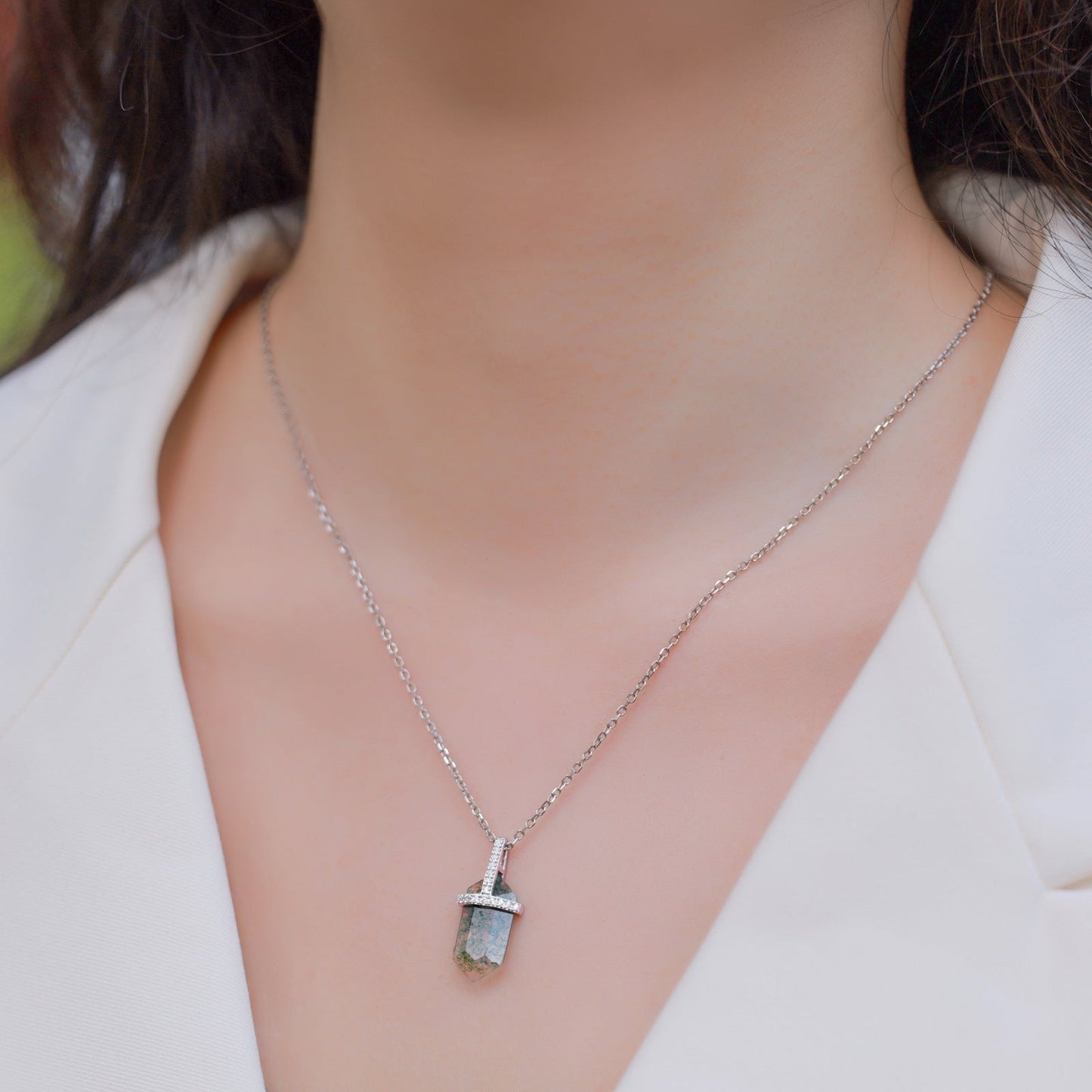 Hexagonal Natural Moss Agate Pendant Necklace | 925 Sterling Silver