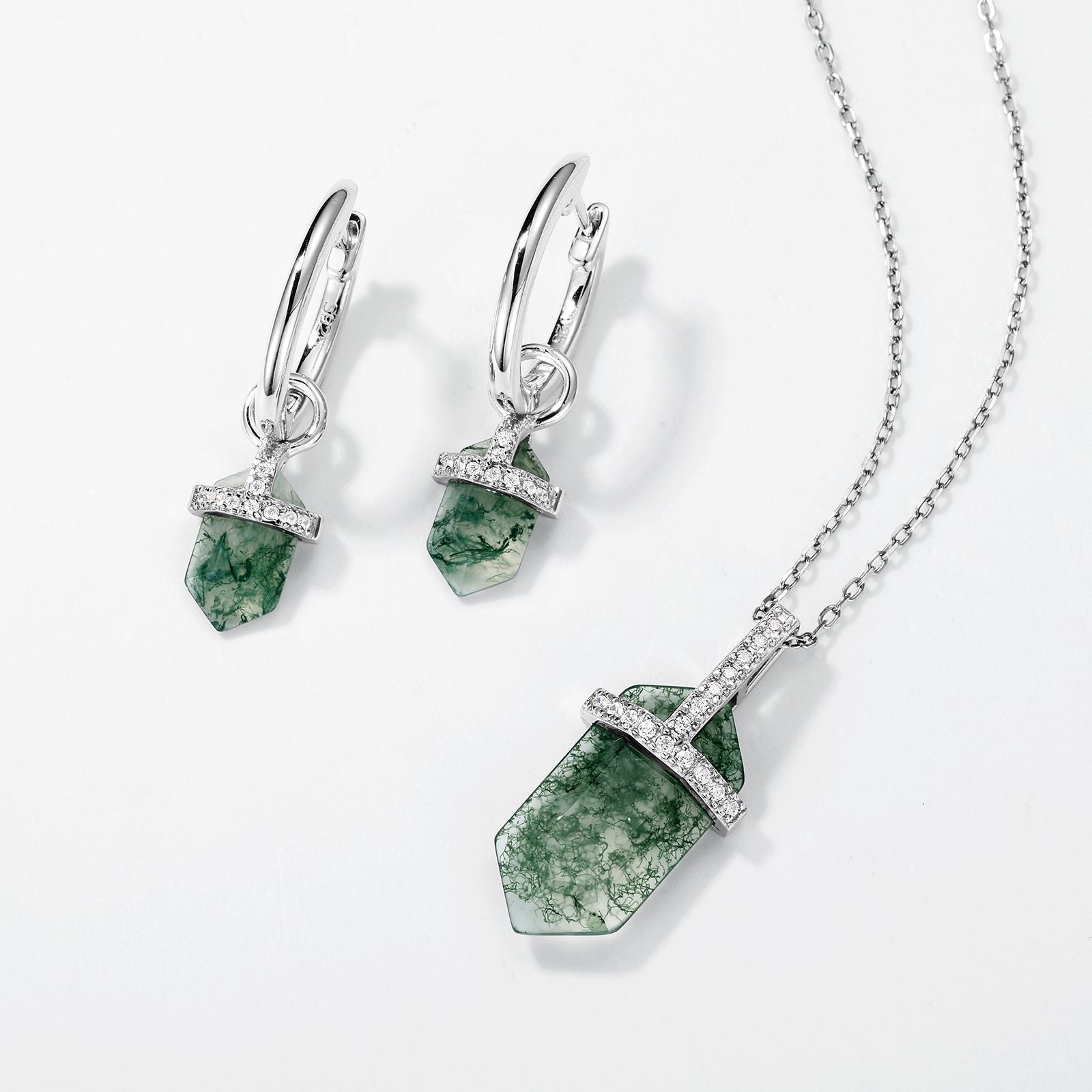 Hexagonal Natural Moss Agate Pendant Necklace | 925 Sterling Silver