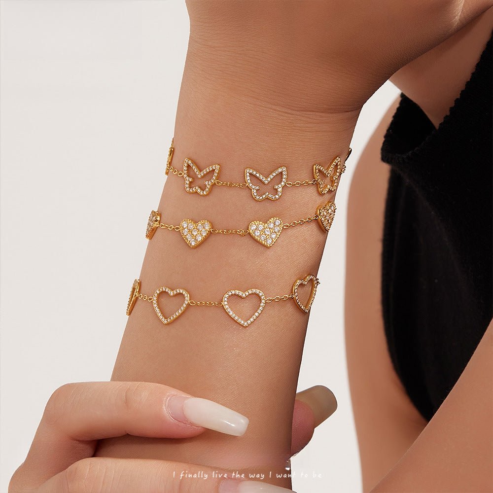 Hollow Full Cubic Zirconia Love Butterfly Titanium Steel Bracelet Perfect Gift for Her