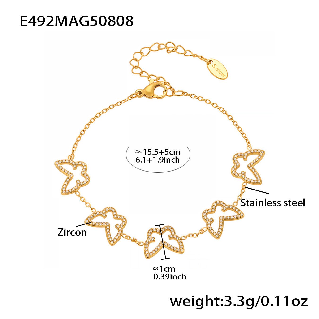 Hollow Full Cubic Zirconia Love Butterfly Titanium Steel Bracelet Perfect Gift for Her