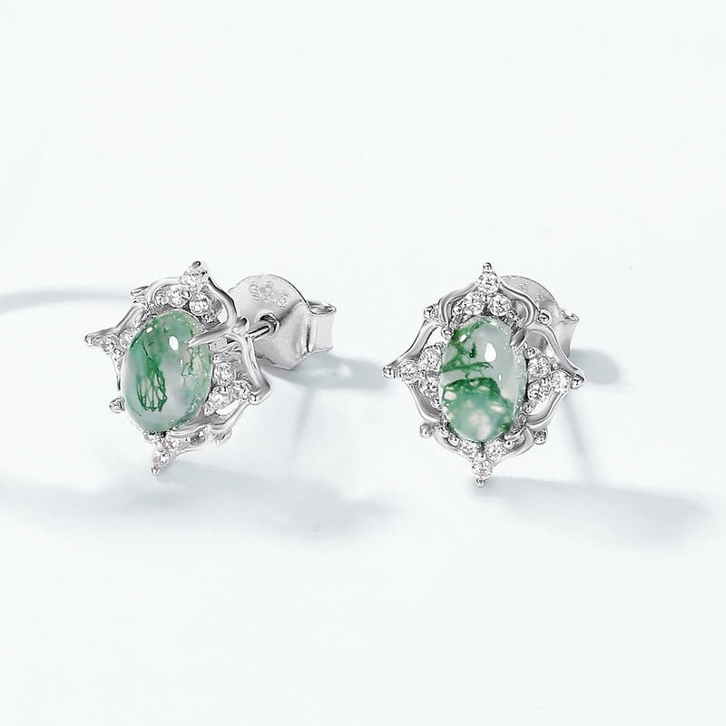 Hollow Halo Oval Moss Agate Stud Earrings for Women in 925 Sterling Silver