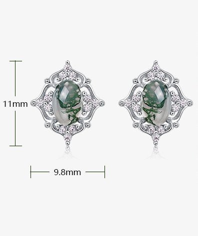 Hollow Halo Oval Moss Agate Stud Earrings for Women in 925 Sterling Silver