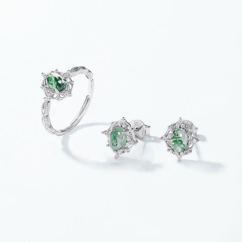 Hollow Halo Oval Moss Agate Stud Earrings for Women in 925 Sterling Silver