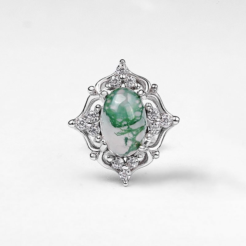 Hollow Halo Oval Moss Agate Stud Earrings for Women in 925 Sterling Silver