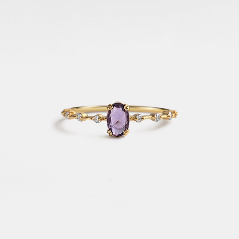 Oval Cut Natural Amethyst Ring • Dainty Purple Crystal Stacking Ring • Sterling Silver Gift