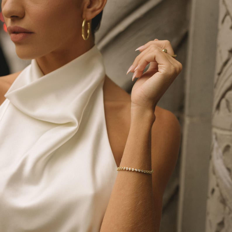 14K Gold Filled Moissanite Tennis Bracelet for Women, Dainty Stacking Chain Gift for Mom