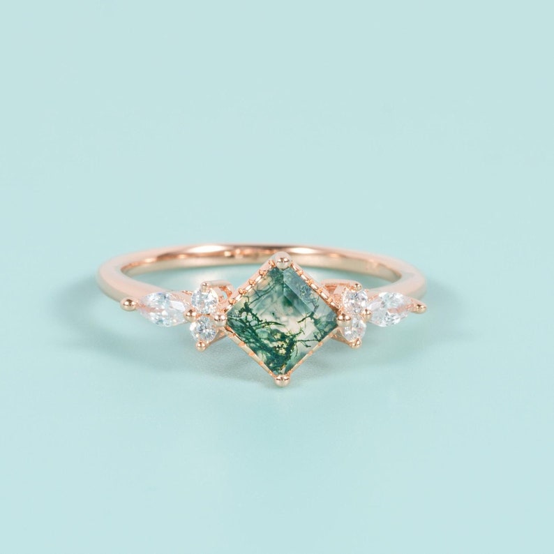 Rose Gold Princess Moss Agate Halo Engagement Ring - Natural Wedding Anniversary Gift For Her