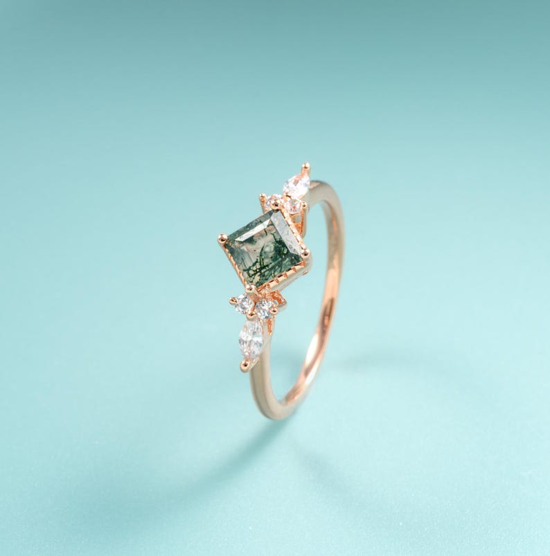 Rose Gold Princess Moss Agate Halo Engagement Ring - Natural Wedding Anniversary Gift For Her