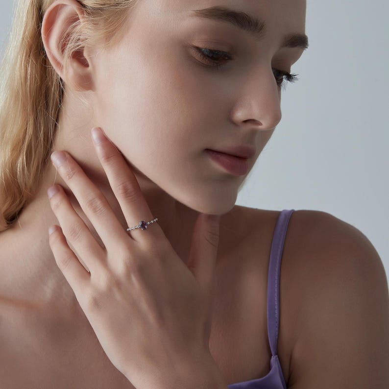 Oval Cut Natural Amethyst Ring • Dainty Purple Crystal Stacking Ring • Sterling Silver Gift
