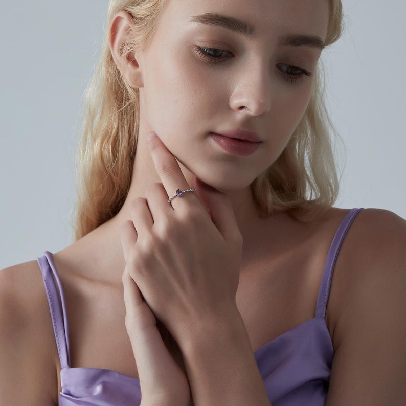 Oval Cut Natural Amethyst Ring • Dainty Purple Crystal Stacking Ring • Sterling Silver Gift