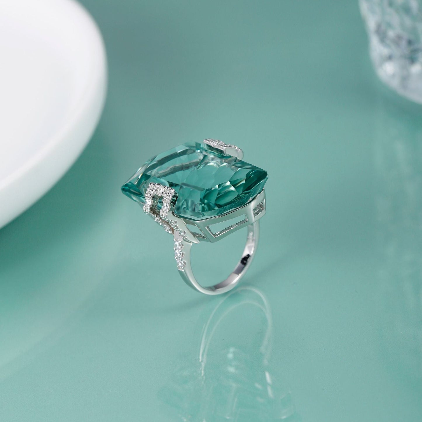 Irregular 28Ct Green Amethyst Engagement Ring 925 Sterling Silver Colored Treasure Ring Gift for Her