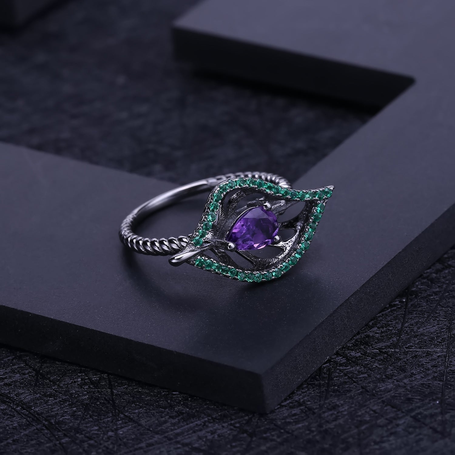 Italian Crafted Hollow Leaf Pear Shape Natural Amethyst Silver Ring