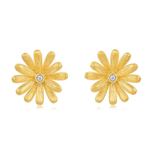 Italian Handmade Brushed Daisy Stud Earrings Vintage 925 Sterling Silver Gift for Her