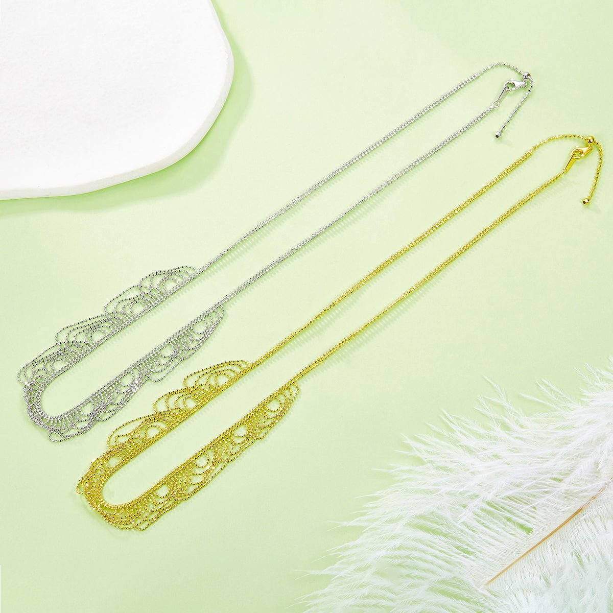 Italian Lace Weave Wave Necklace - 18K Gold Plated 925 Sterling Silver, Vintage Chain Jewelry