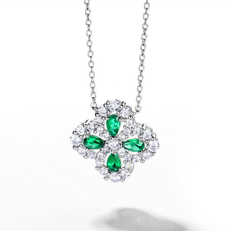 Lab-Created Emerald Four Leaf Clover Necklace | 925 Sterling Silver | Lucky Vintage Collarbone Chain