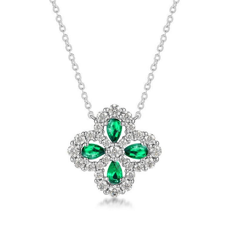 Lab-Created Emerald Four Leaf Clover Necklace | 925 Sterling Silver | Lucky Vintage Collarbone Chain