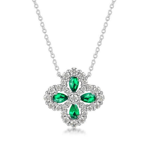 Lab-Created Emerald Four Leaf Clover Necklace | 925 Sterling Silver | Lucky Vintage Collarbone Chain