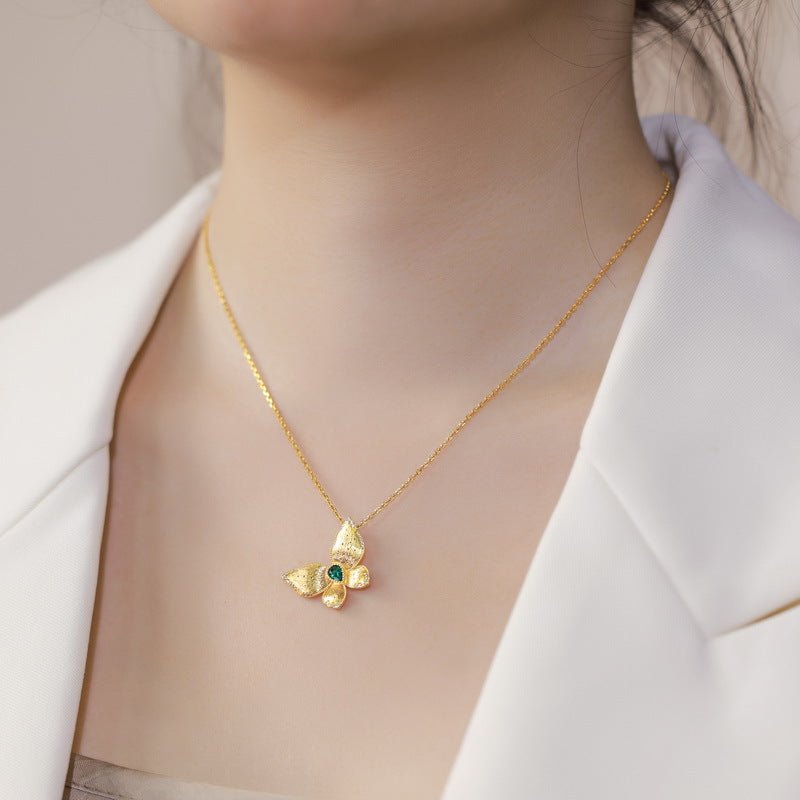 LabGrown Pear Emerald Butterfly Pendant 925 Silver Necklace Italian Craft Brushed Gift for Her