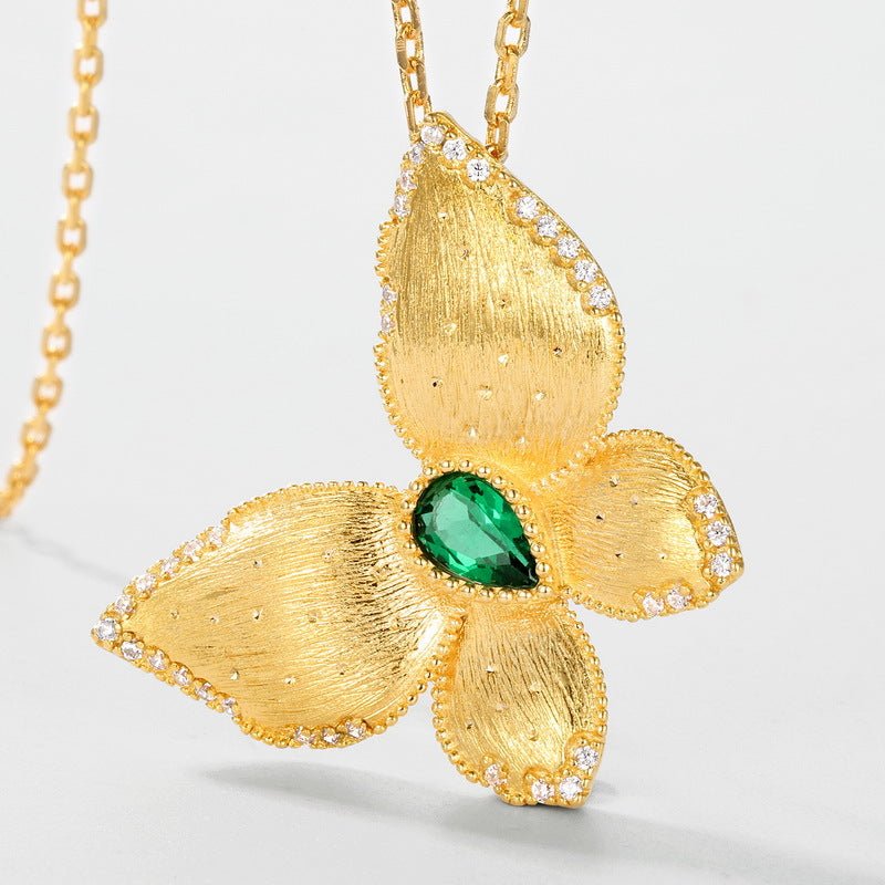 LabGrown Pear Emerald Butterfly Pendant 925 Silver Necklace Italian Craft Brushed Gift for Her