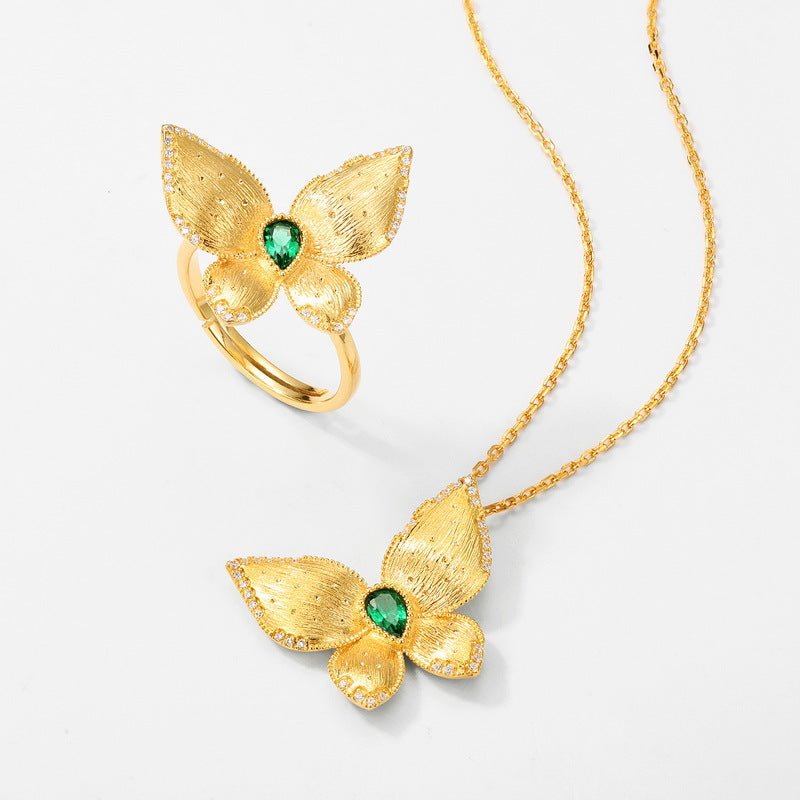 LabGrown Pear Emerald Butterfly Pendant 925 Silver Necklace Italian Craft Brushed Gift for Her