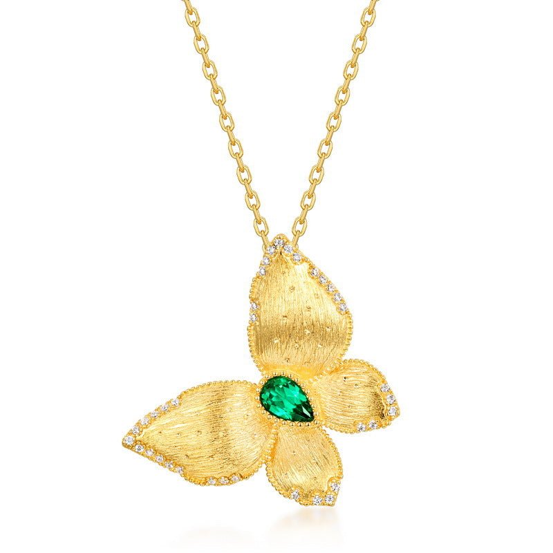 LabGrown Pear Emerald Butterfly Pendant 925 Silver Necklace Italian Craft Brushed Gift for Her