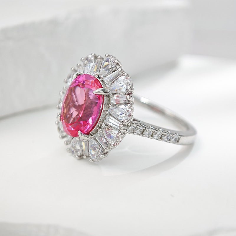 Labgrown Pink Sapphire Halo Engagement Ring | 2ct Floral Design in 925 Gold-Plated Silver