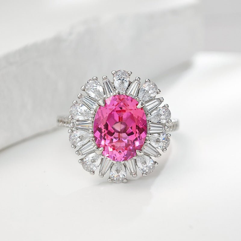 Labgrown Pink Sapphire Halo Engagement Ring | 2ct Floral Design in 925 Gold-Plated Silver
