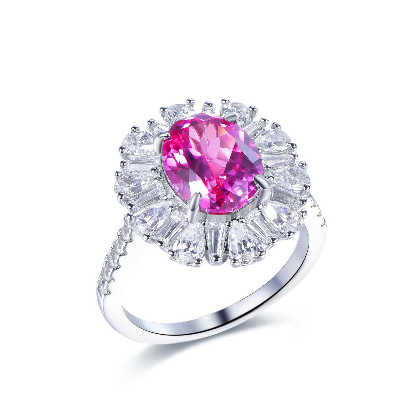 Labgrown Pink Sapphire Halo Engagement Ring | 2ct Floral Design in 925 Gold-Plated Silver