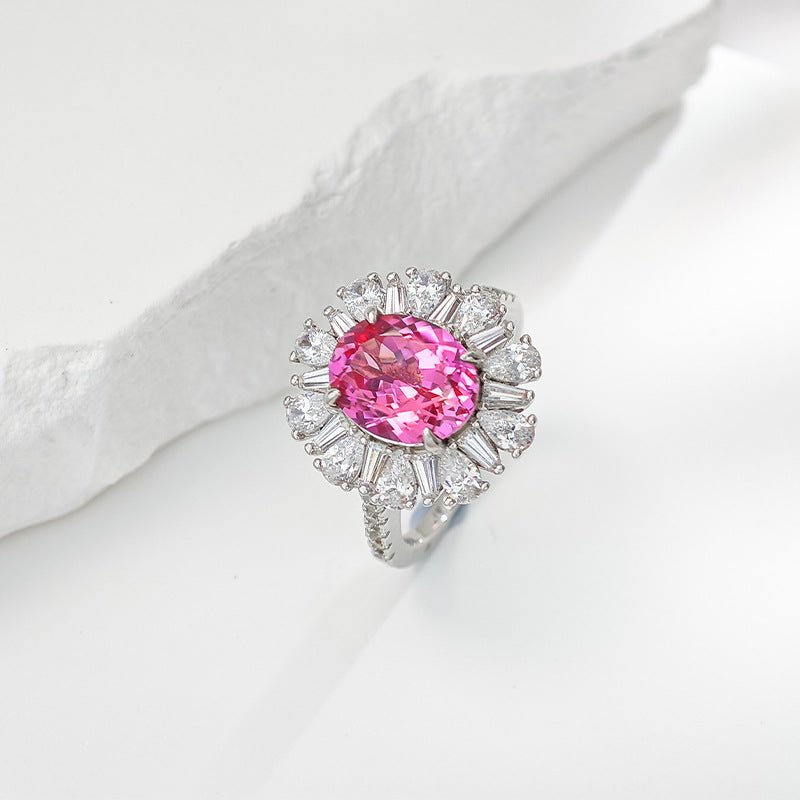 Labgrown Pink Sapphire Halo Engagement Ring | 2ct Floral Design in 925 Gold-Plated Silver
