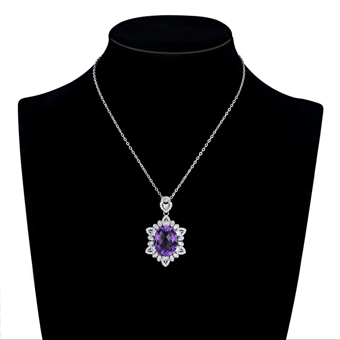 Large Oval Natural Amethyst Necklace 925 Silver Chain Wedding Gift for Her