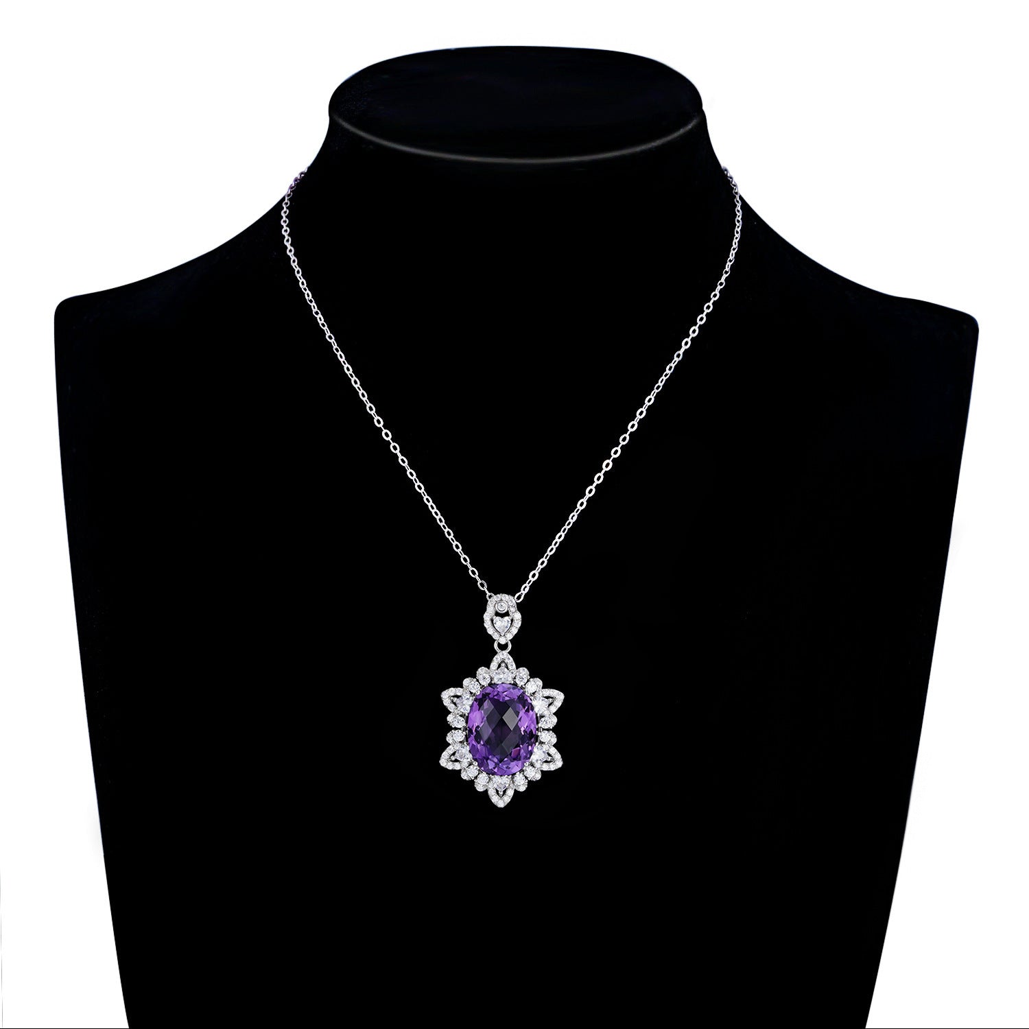 Large Oval Natural Amethyst Necklace 925 Silver Chain Wedding Gift for Her