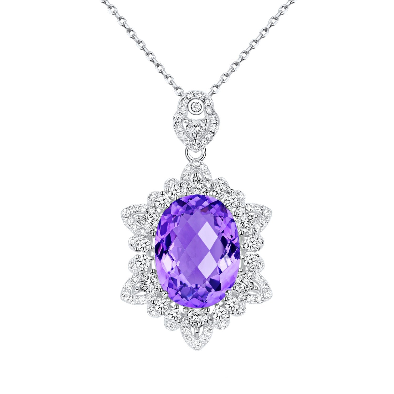 Large Oval Natural Amethyst Necklace 925 Silver Chain Wedding Gift for Her