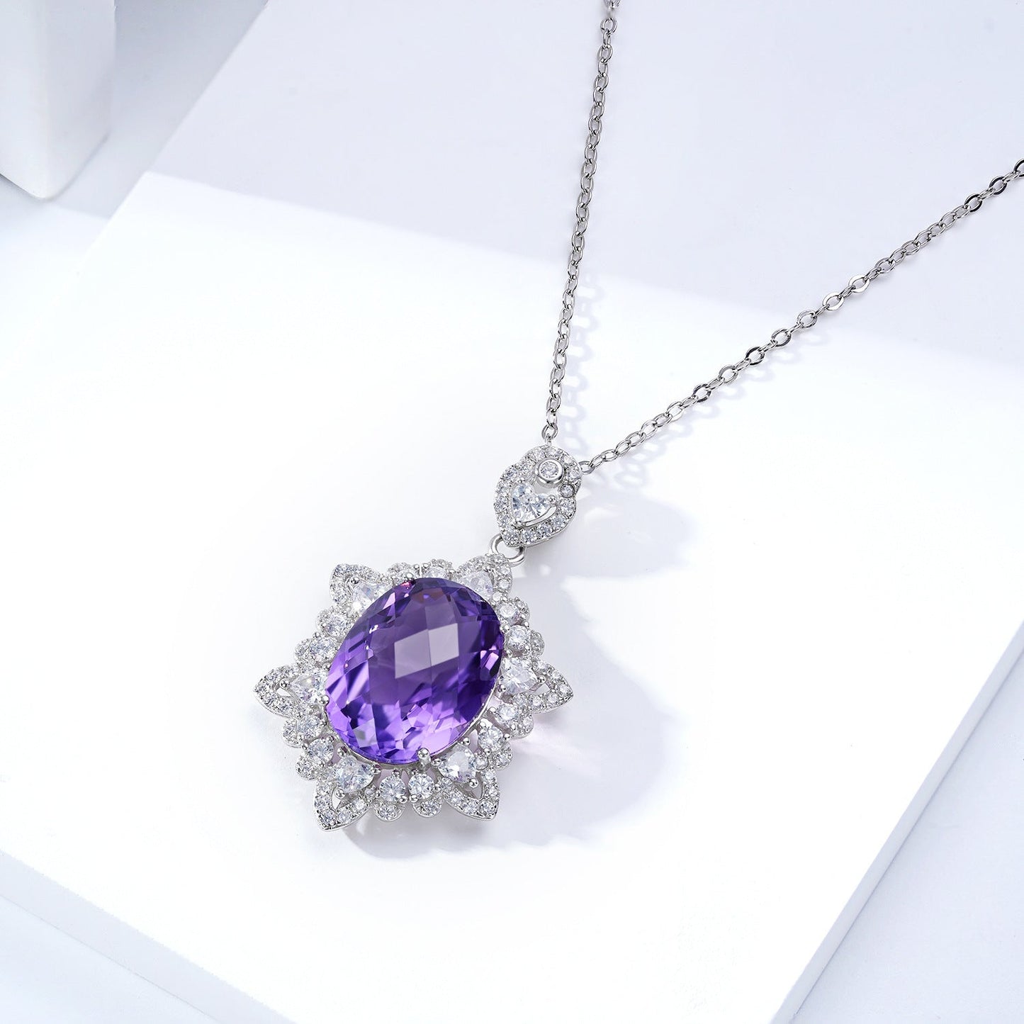 Large Oval Natural Amethyst Necklace 925 Silver Chain Wedding Gift for Her