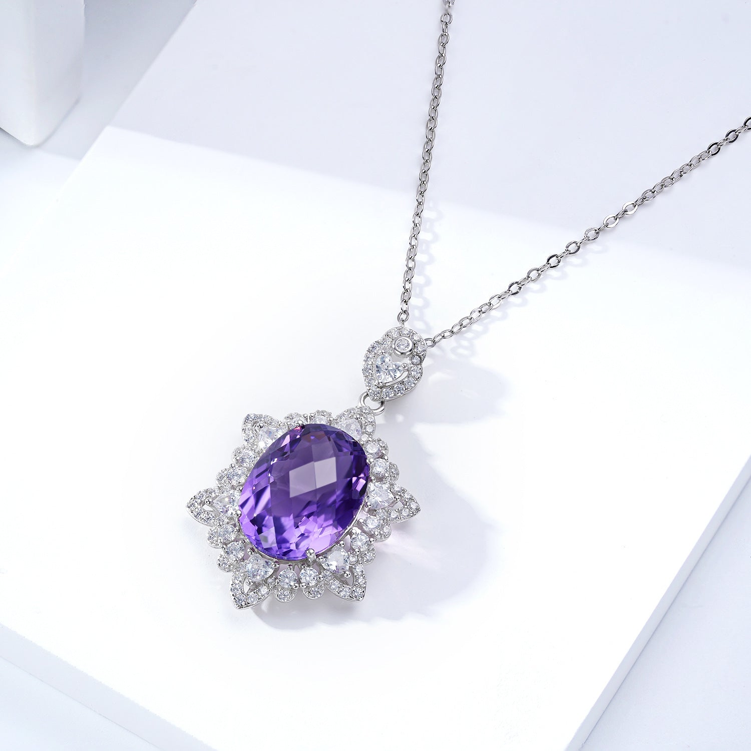 Large Oval Natural Amethyst Necklace 925 Silver Chain Wedding Gift for Her