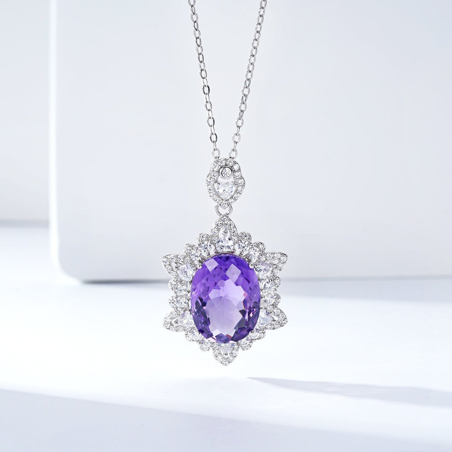 Large Oval Natural Amethyst Necklace 925 Silver Chain Wedding Gift for Her