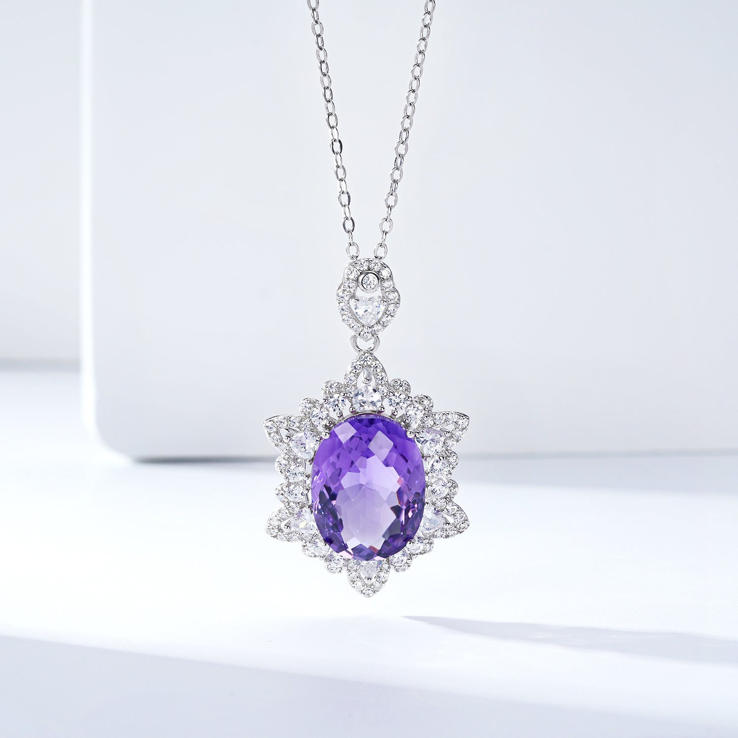 Large Oval Natural Amethyst Necklace 925 Silver Chain Wedding Gift for Her