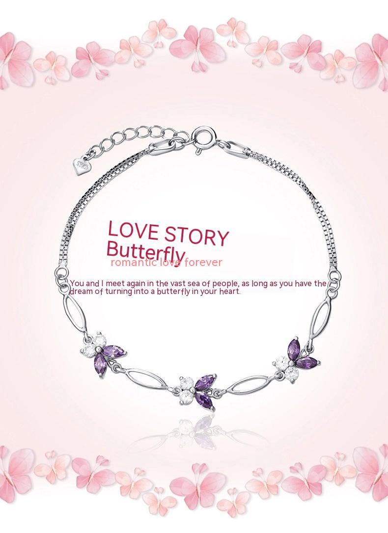 Marquise Amethyst Butterfly Bracelet - 925 Sterling Silver with Zircon, Elegant Gift for Women