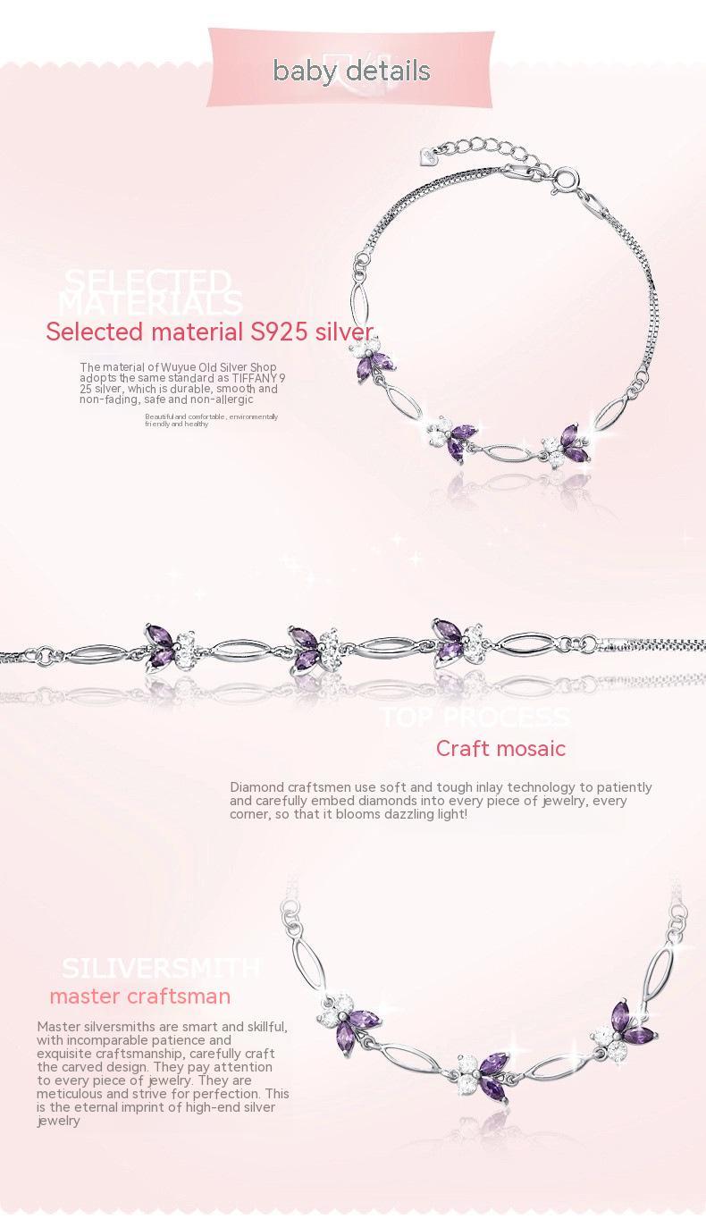 Marquise Amethyst Butterfly Bracelet - 925 Sterling Silver with Zircon, Elegant Gift for Women