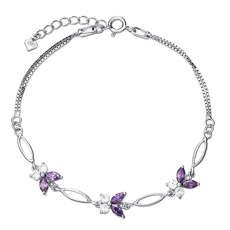 Marquise Amethyst Butterfly Bracelet - 925 Sterling Silver with Zircon, Elegant Gift for Women