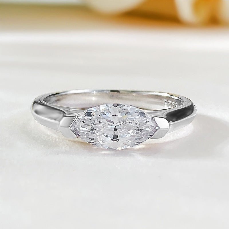 East West Marquise Moissanite Engagement Ring, Solitaire 925 Sterling Silver 14k Gold Plated