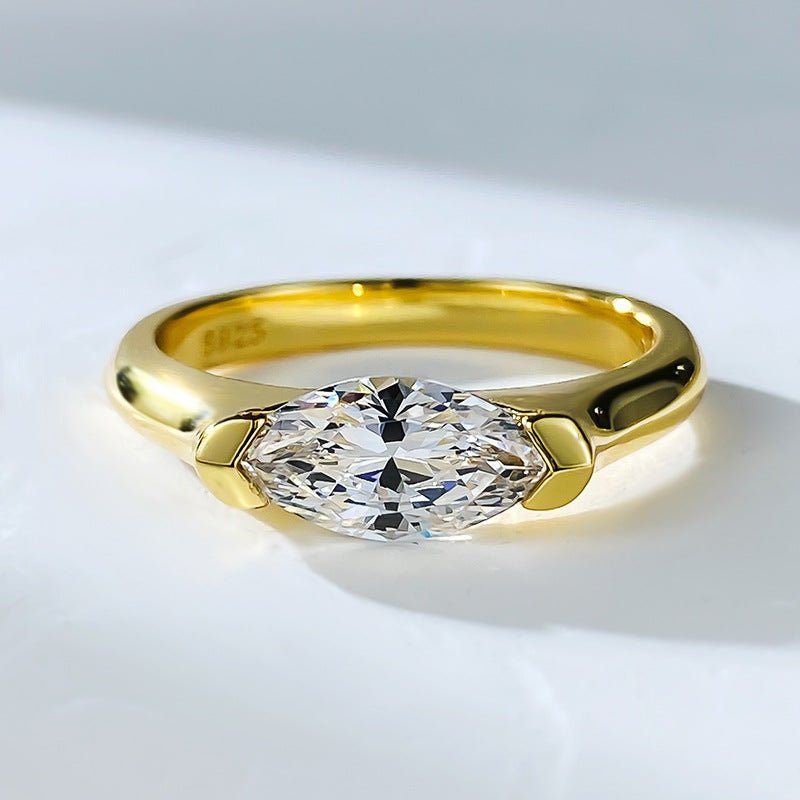 East West Marquise Moissanite Engagement Ring, Solitaire 925 Sterling Silver 14k Gold Plated