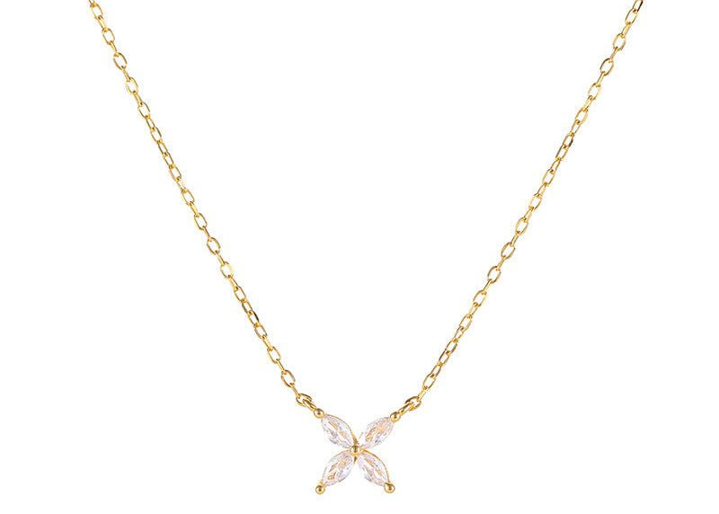 Dainty Marquise Flower Necklace, Sterling Silver Adjustable Chain, Minimalist Zircon Pendant