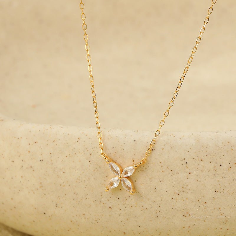 Dainty Marquise Flower Necklace, Sterling Silver Adjustable Chain, Minimalist Zircon Pendant