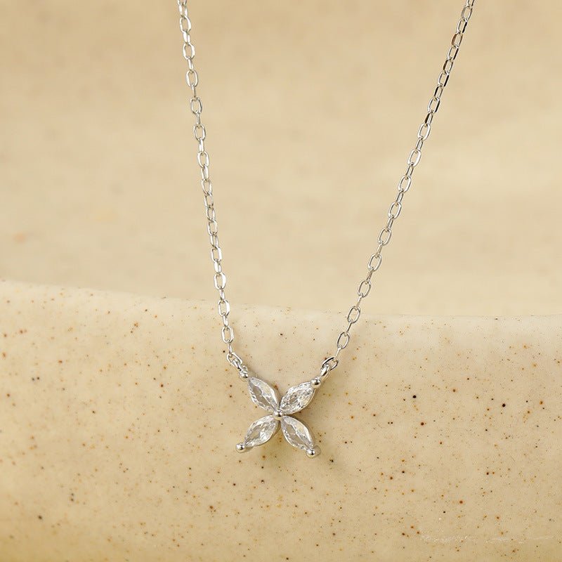 Dainty Marquise Flower Necklace, Sterling Silver Adjustable Chain, Minimalist Zircon Pendant