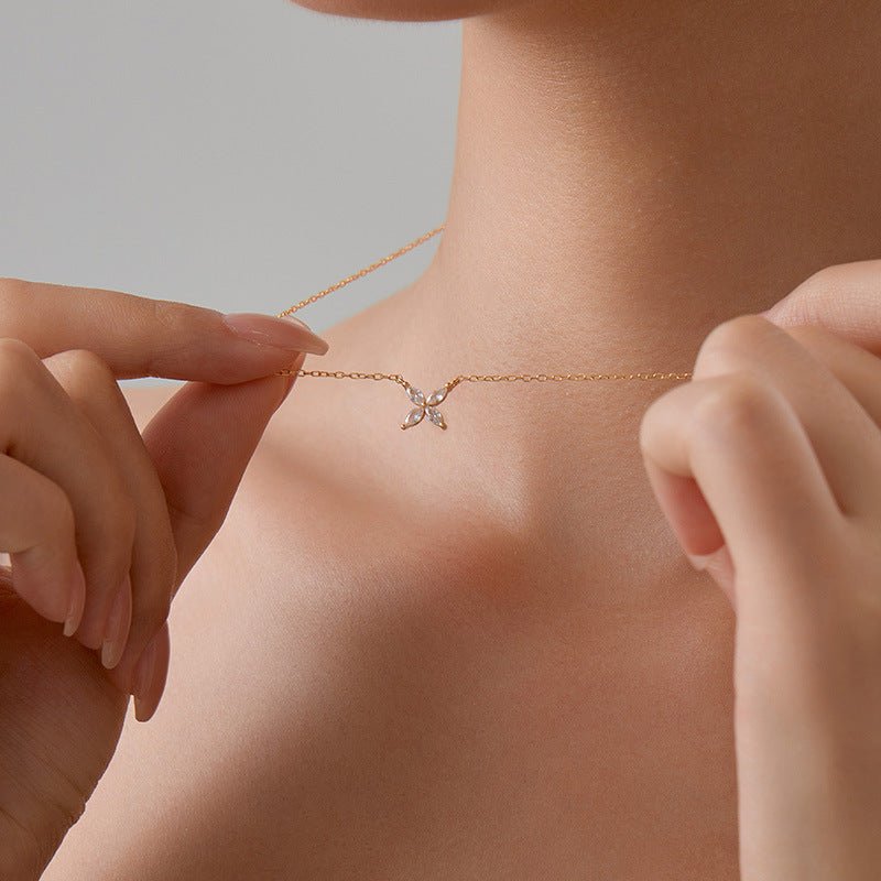 Dainty Marquise Flower Necklace, Sterling Silver Adjustable Chain, Minimalist Zircon Pendant